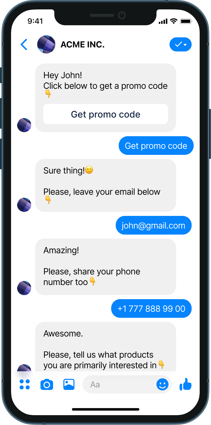 Promo codes for Facebook ads chatbot example