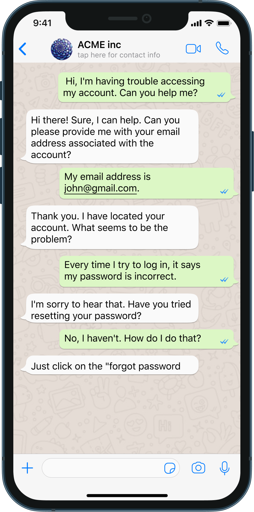 ChatGPT Template for Customer Support Services on WhatsApp chatbot example