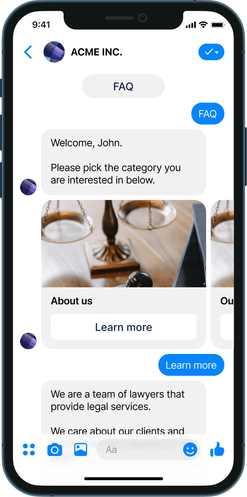 FAQ for lawyers chatbot example