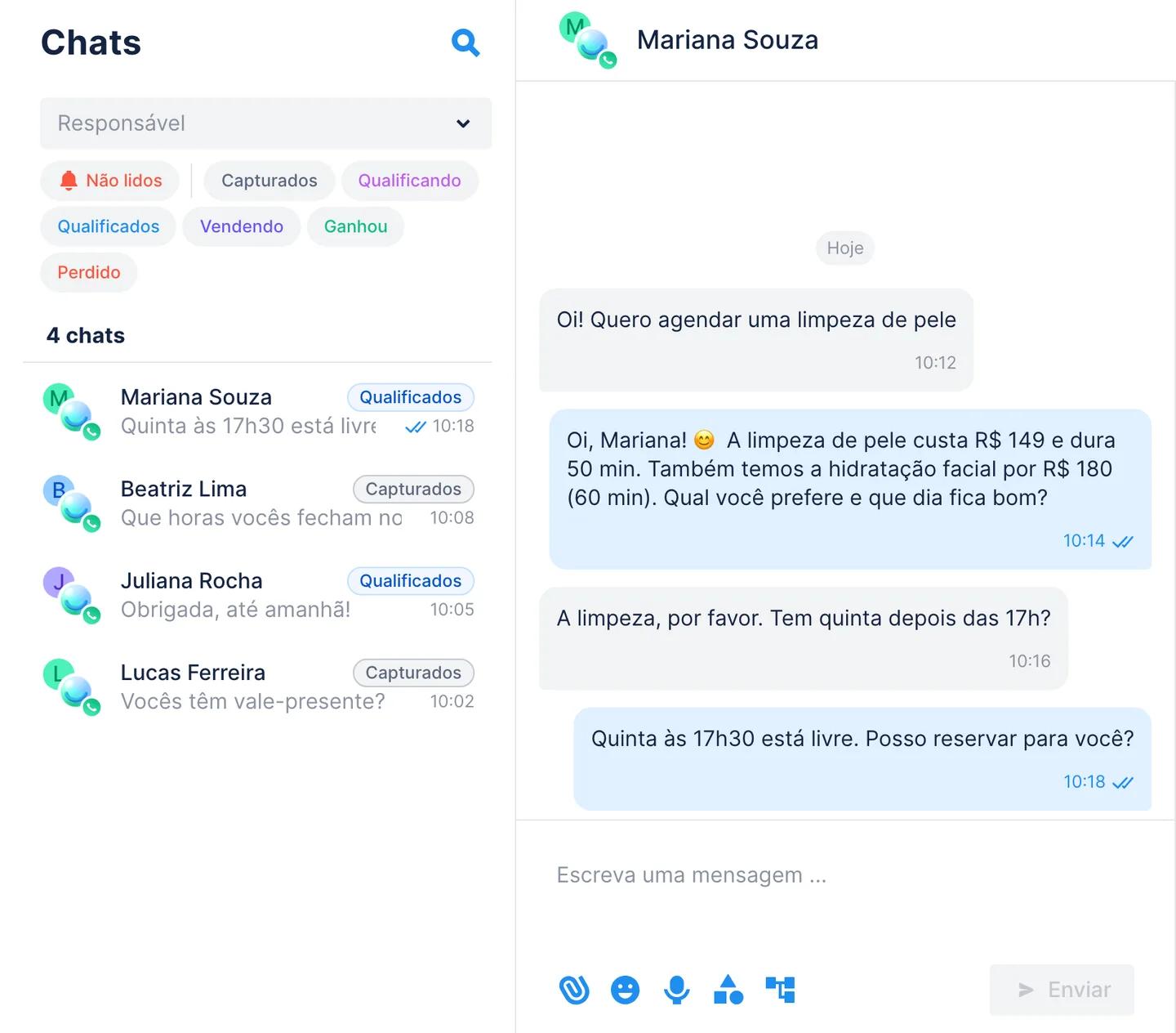 Chats da Chatfuel: o Agente de IA informa preço e duração da limpeza de pele a uma cliente do WhatsApp e oferece quinta às 17h30