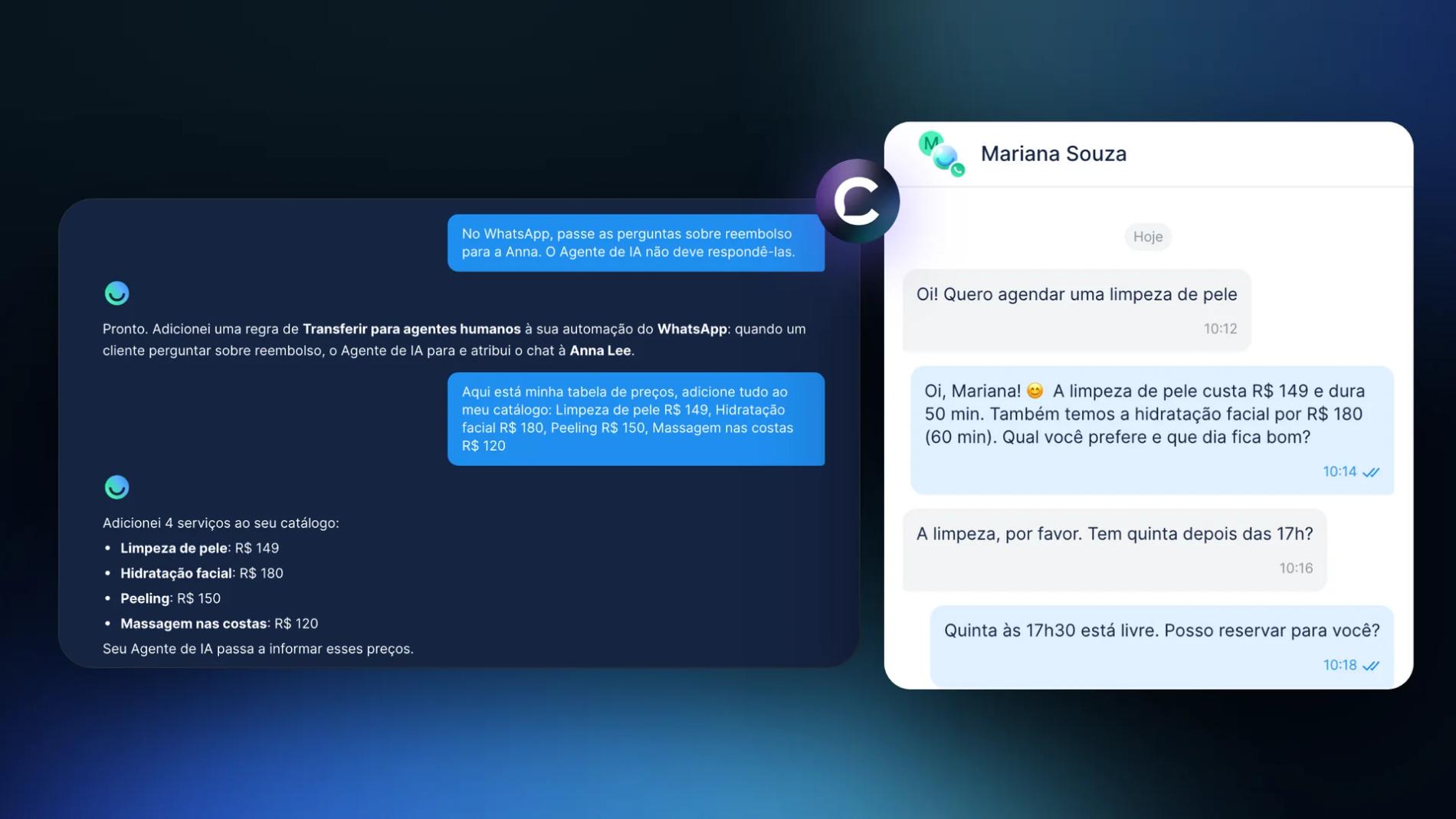 AI Co-pilot da Chatfuel adiciona uma regra de transferência e uma tabela de preços, ao lado de um chat do WhatsApp em que o Agente de IA oferece um horário