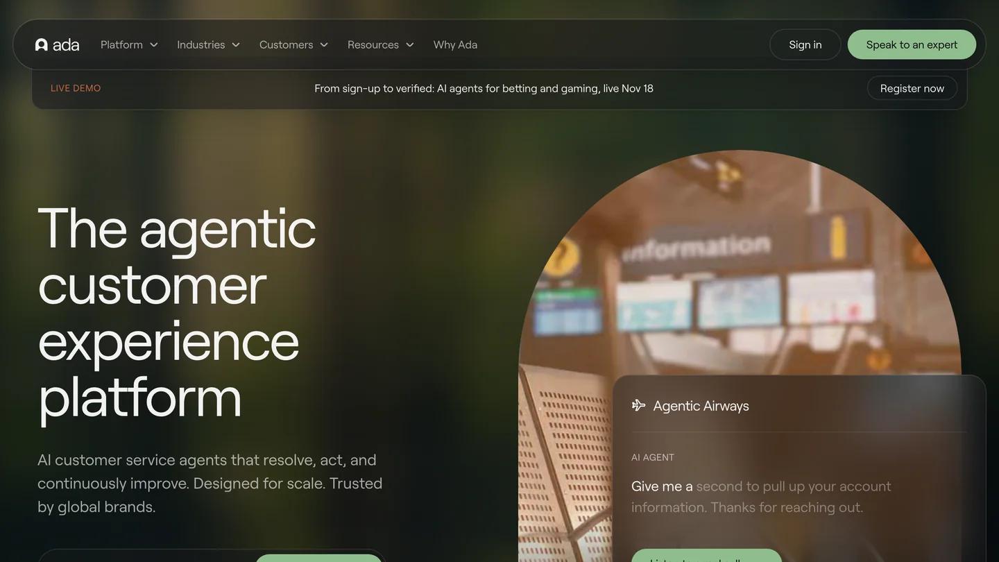 Página inicial da Ada: The agentic customer experience platform
