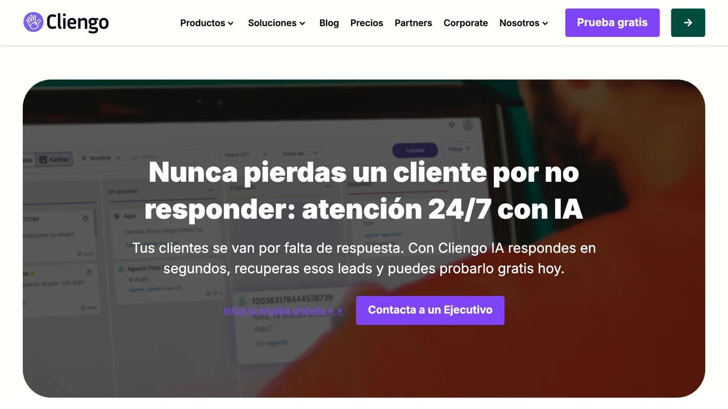 Página inicial da Cliengo em espanhol: nunca perca um cliente por não responder, atendimento 24/7 com IA