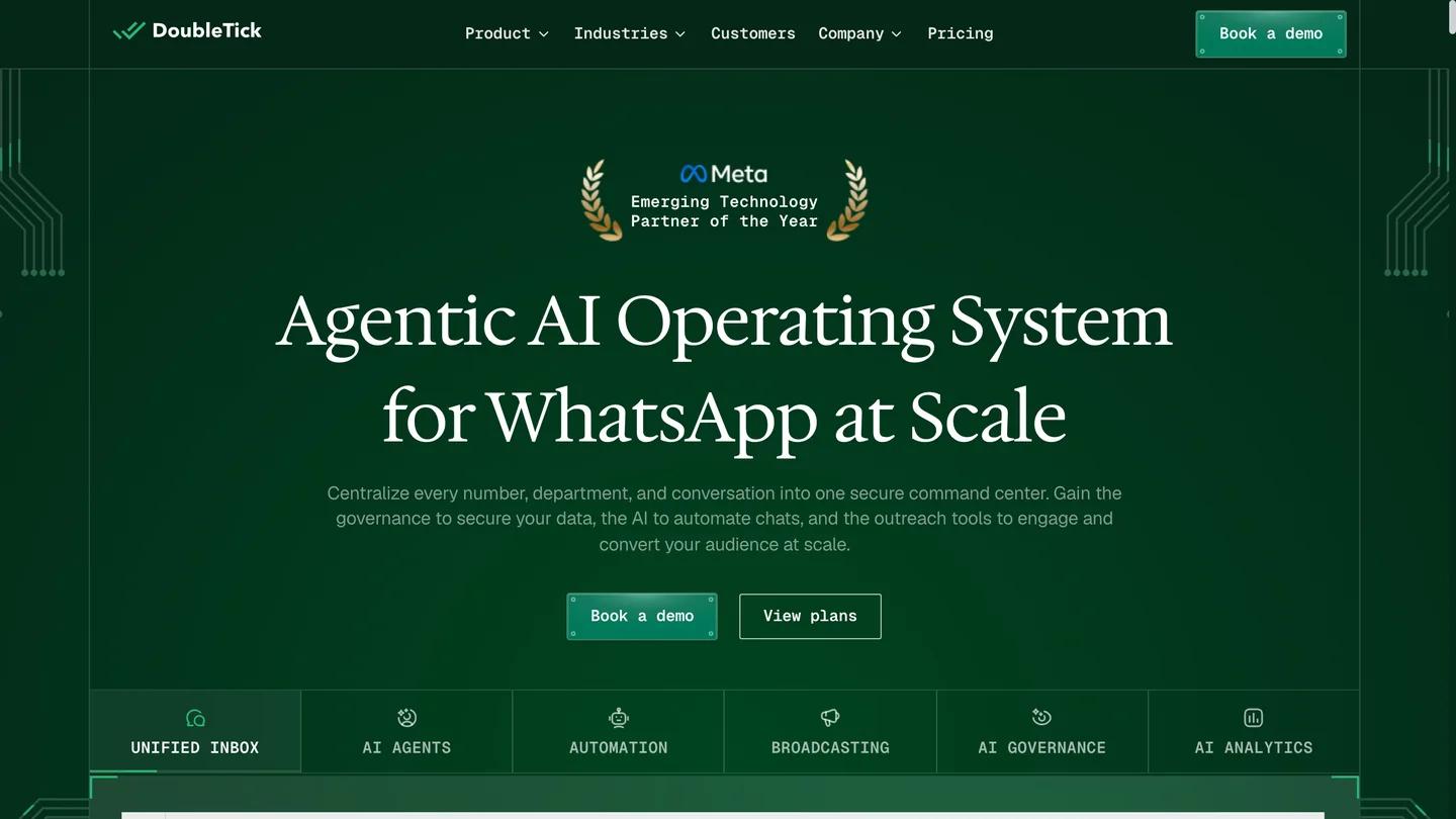 Página inicial da DoubleTick: Agentic AI Operating System for WhatsApp at Scale