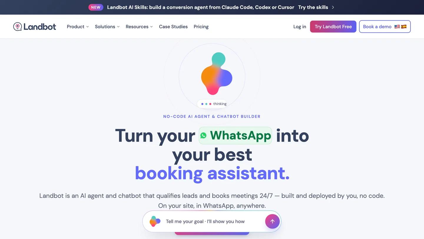 Página inicial da Landbot: Turn your WhatsApp into your best booking assistant