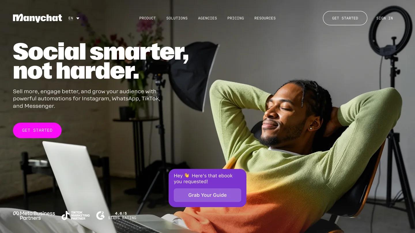 Página inicial da Manychat: Social smarter, not harder, automações para Instagram, WhatsApp, TikTok e Messenger