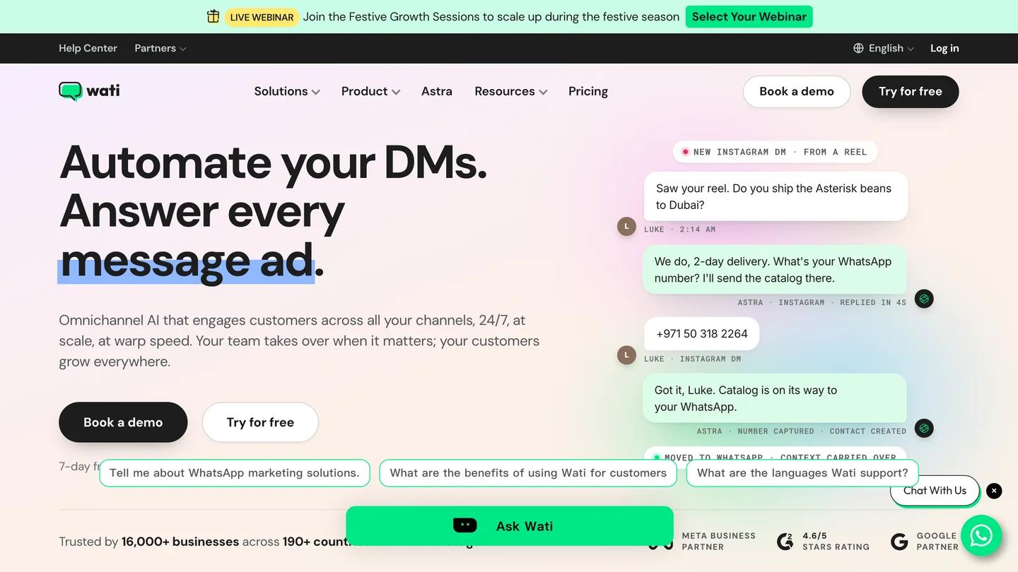 Página inicial da Wati: Automate your DMs, com uma conversa do Instagram
