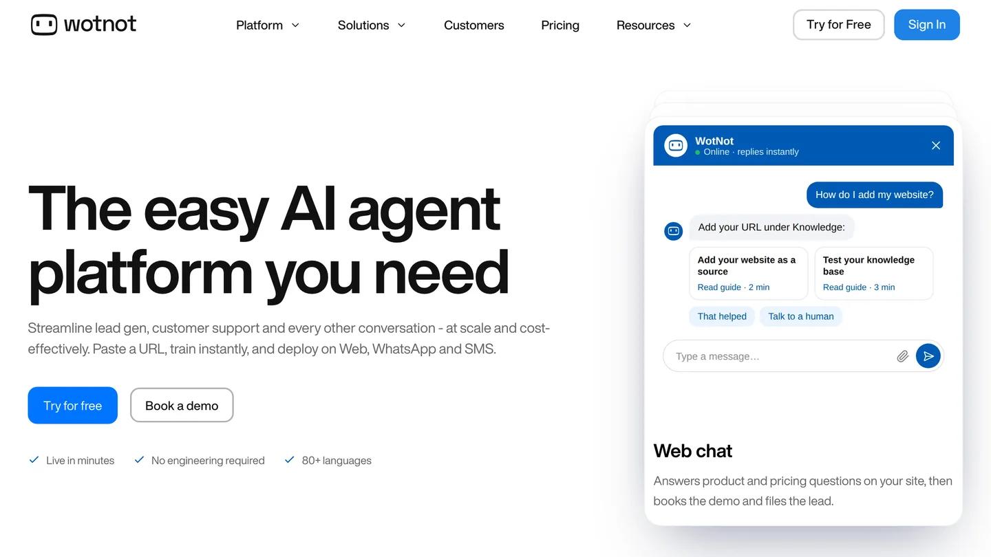 Página inicial da WotNot: The easy AI agent platform you need, com um widget de chat do site