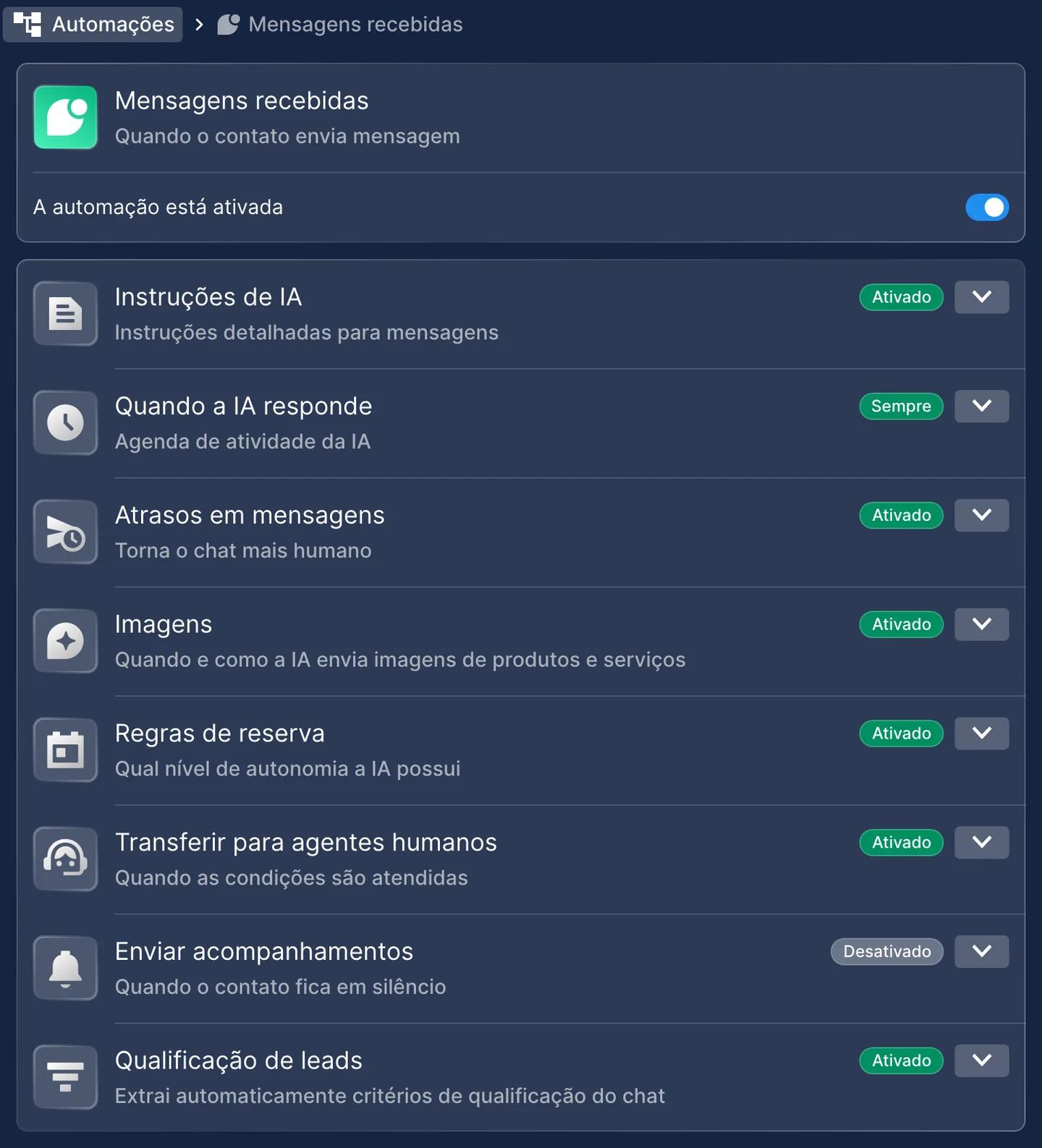 Automação Mensagens recebidas do WhatsApp no Chatfuel, ativada, com suas configurações: Instruções de IA, Quando a IA responde em Sempre, Atrasos em mensagens, Imagens, Regras de reserva, Transferir para agentes humanos, Enviar acompanhamentos desativado e Qualificação de leads