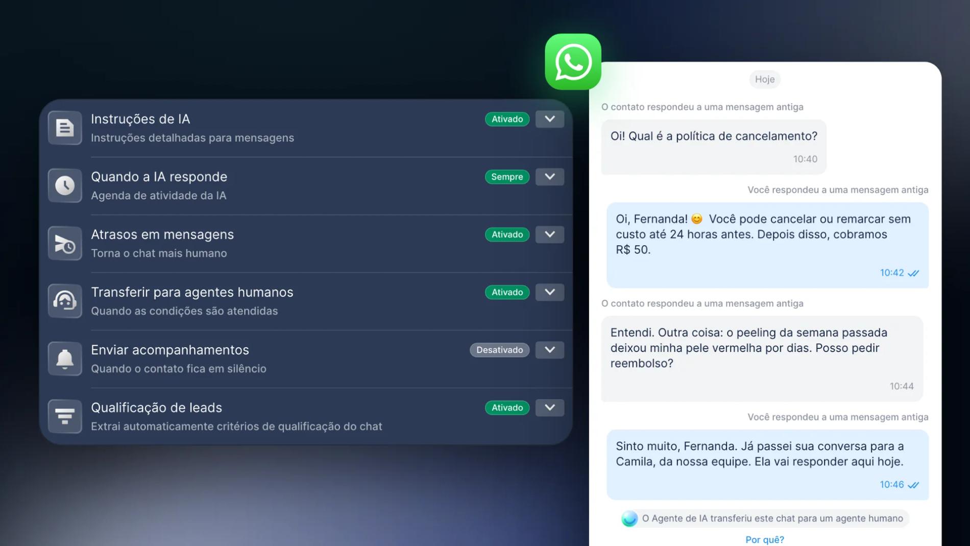 Configurações do Chatfuel para mensagens recebidas no WhatsApp com Instruções de IA, Atrasos em mensagens e Transferir para agentes humanos ativados, ao lado de uma conversa no WhatsApp em que o Agente de IA responde pelas perguntas frequentes e passa um pedido de reembolso para uma colega