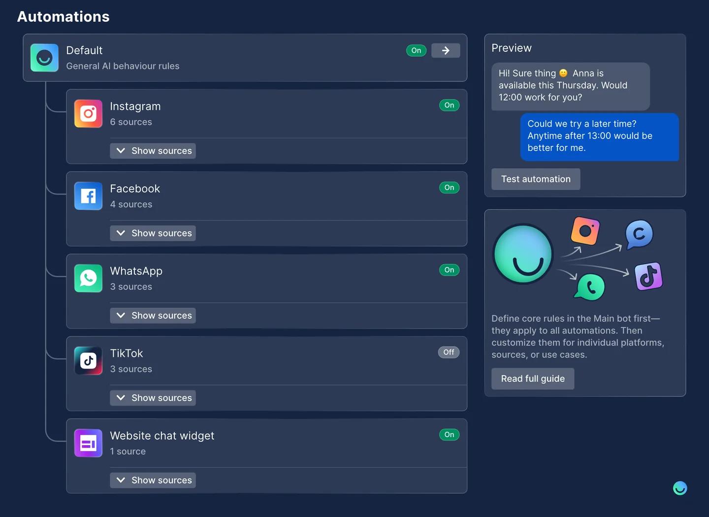 Chatfuel Automations: the Default settings with general AI behaviour rules, then Instagram, Facebook, WhatsApp and Website chat widget switched on and TikTok off, with a Preview of an AI Agent reply