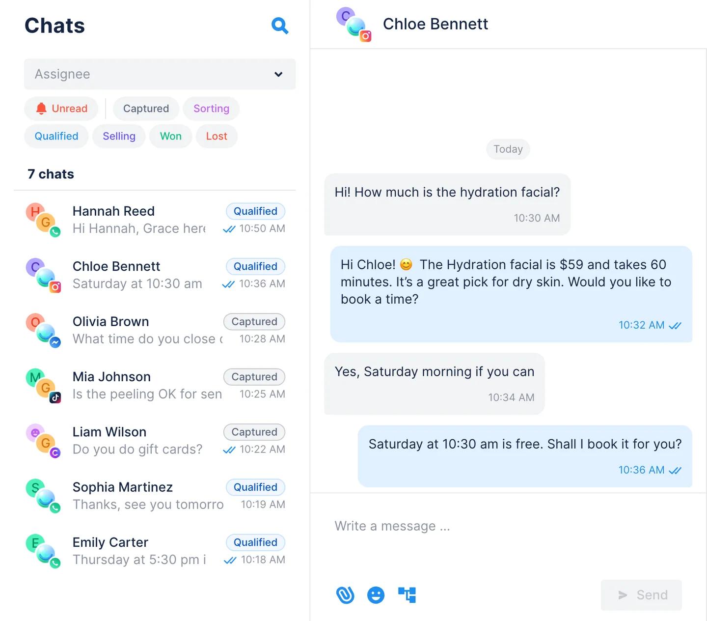 Chatfuel Chats: one list with WhatsApp, Instagram, Messenger, TikTok and website chats marked Qualified or Captured, and an opened Instagram DM where the AI Agent gives the price of a hydration facial and offers Saturday at 10:30