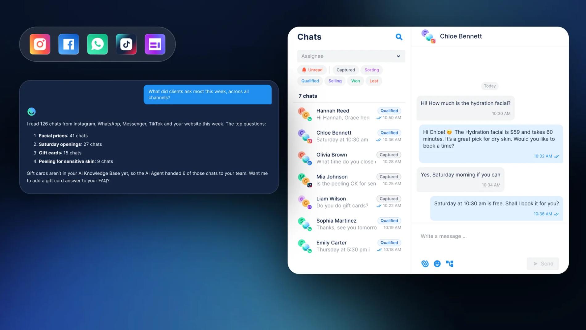 Chatfuel Chats with Instagram, WhatsApp, Messenger, TikTok and website chats in one list and an Instagram DM where the AI Agent quotes a price and offers a Saturday slot, next to AI Co-pilot summing up what clients asked this week across all channels