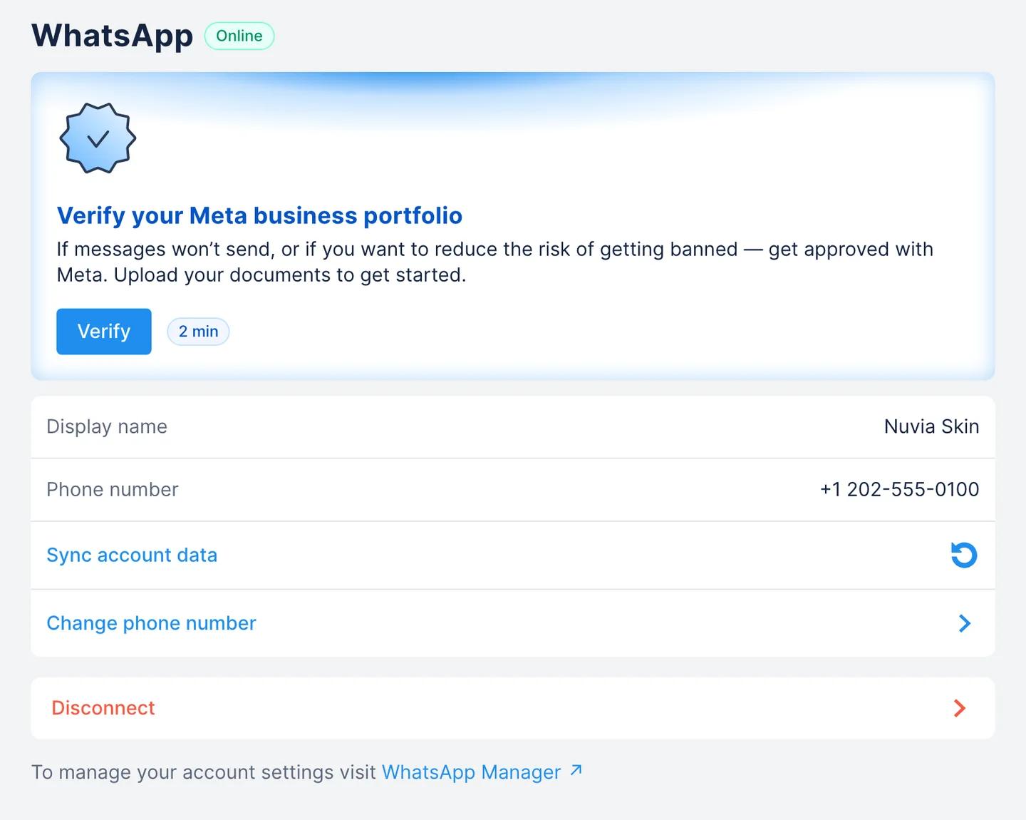 WhatsApp settings in Chatfuel with the number Online, the Verify your Meta business portfolio card with a Verify button, display name Nuvia Skin and phone number +1 202-555-0100