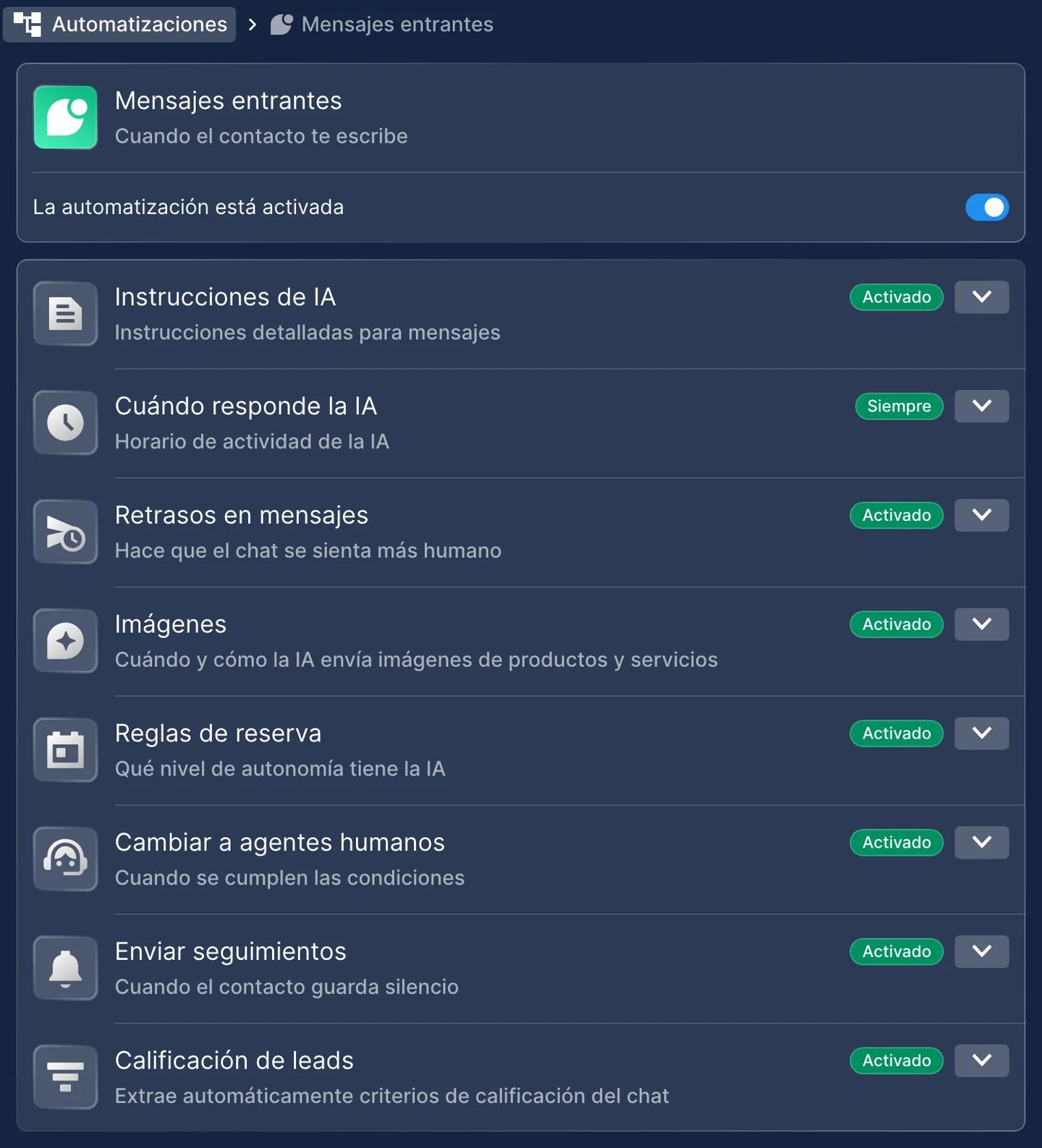 Automatización Mensajes entrantes de WhatsApp en Chatfuel, activada, con los ajustes Instrucciones de IA, Cambiar a agentes humanos, Enviar seguimientos y Calificación de leads