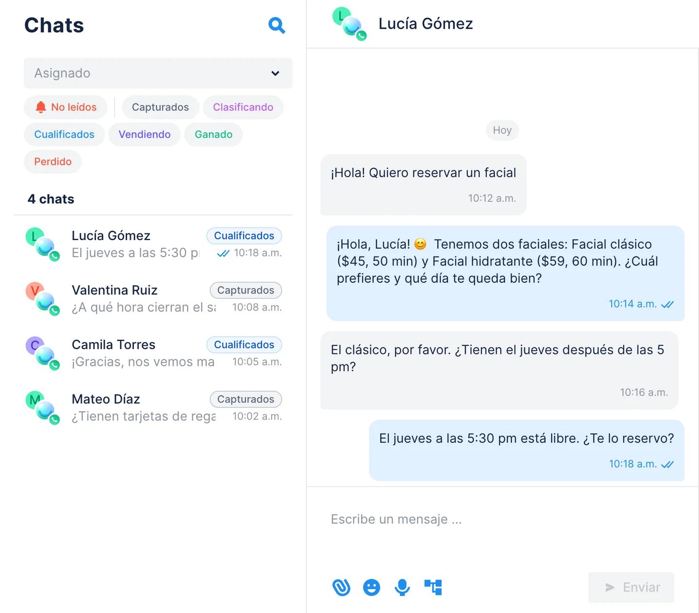 Conversación de WhatsApp en Chats de Chatfuel que empieza con el mensaje predefinido del enlace y recibe una respuesta inmediata del Agente de IA