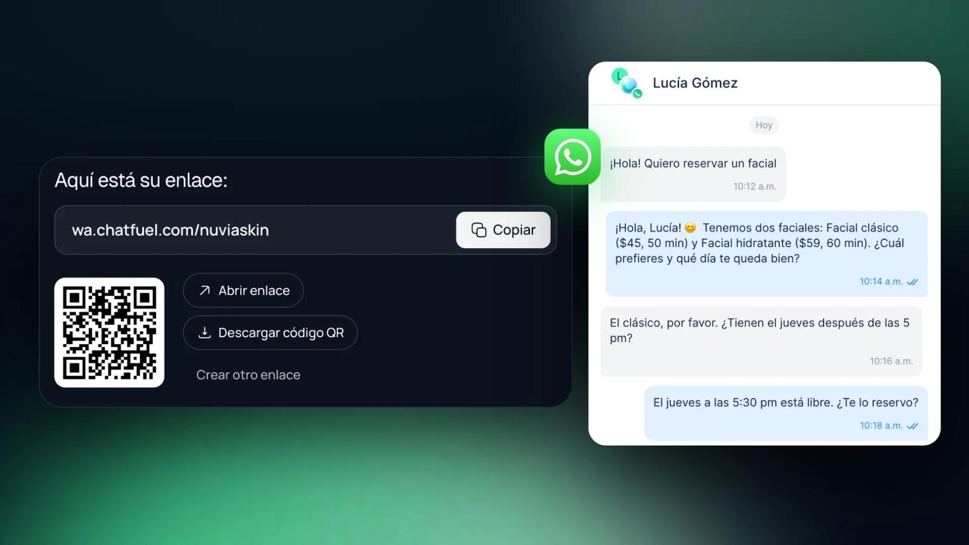 Generador gratis de Chatfuel con un enlace wa.chatfuel.com listo y su código QR, junto a un chat de WhatsApp en Chatfuel que empieza con el mensaje predefinido