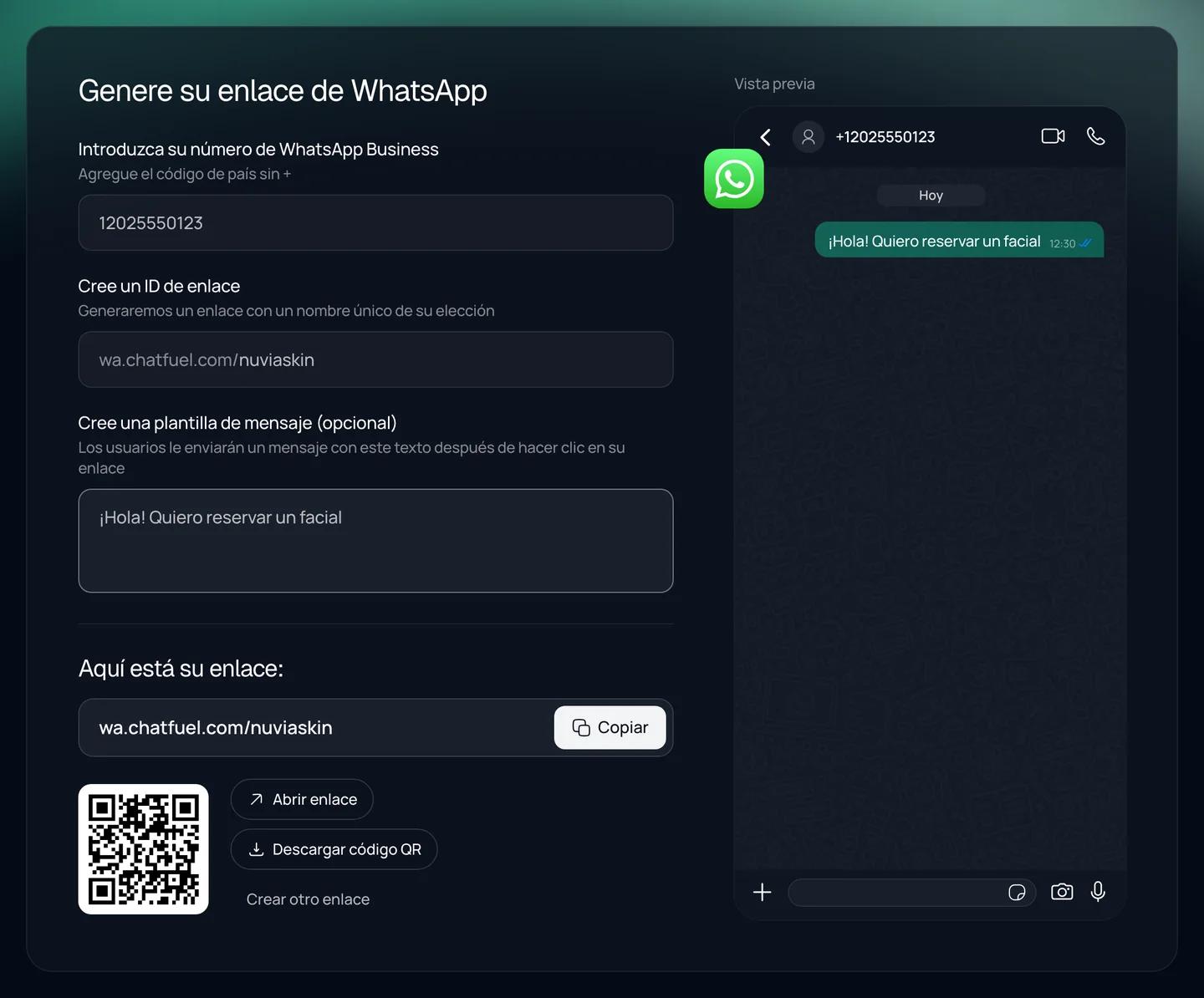 Generador de enlaces de WhatsApp de Chatfuel con un número de empresa, un ID de enlace y un mensaje predefinido, el enlace wa.chatfuel.com listo y su código QR