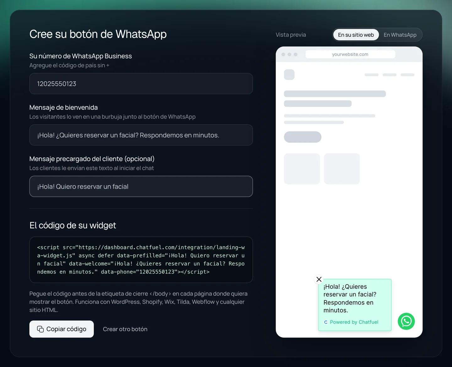 Generador del widget de WhatsApp de Chatfuel con un número de empresa, un mensaje de bienvenida y la vista previa del botón de WhatsApp en un sitio web