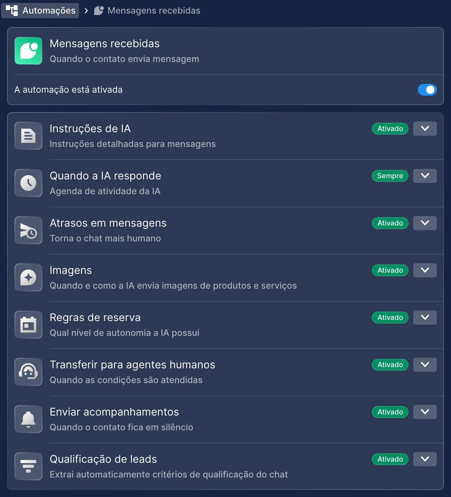 Automação Mensagens recebidas do WhatsApp na Chatfuel, ativada, com as configurações Instruções de IA, Transferir para agentes humanos, Enviar acompanhamentos e Qualificação de leads
