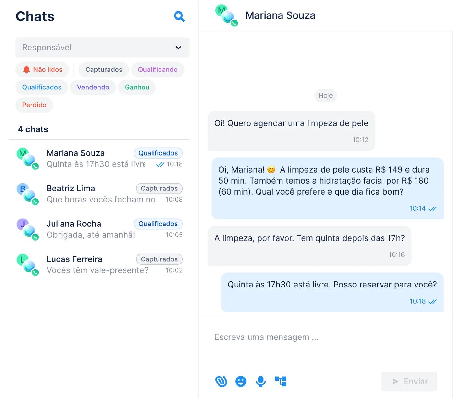 Conversa do WhatsApp nos Chats da Chatfuel que começa com a mensagem pronta do link e recebe resposta imediata do Agente de IA