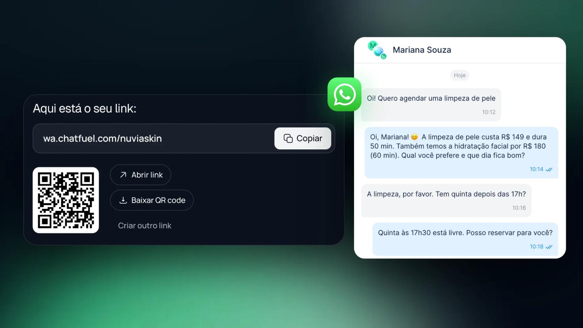 Gerador grátis da Chatfuel com um link wa.chatfuel.com pronto e seu QR code, ao lado de uma conversa do WhatsApp na Chatfuel que começa com a mensagem pronta