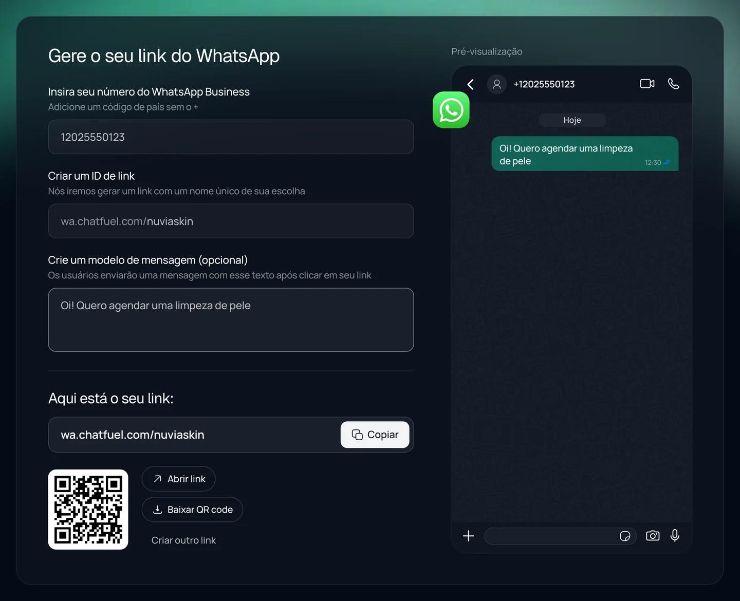 Gerador de links do WhatsApp da Chatfuel com um número comercial, um ID de link e uma mensagem pronta, o link wa.chatfuel.com gerado e seu QR code