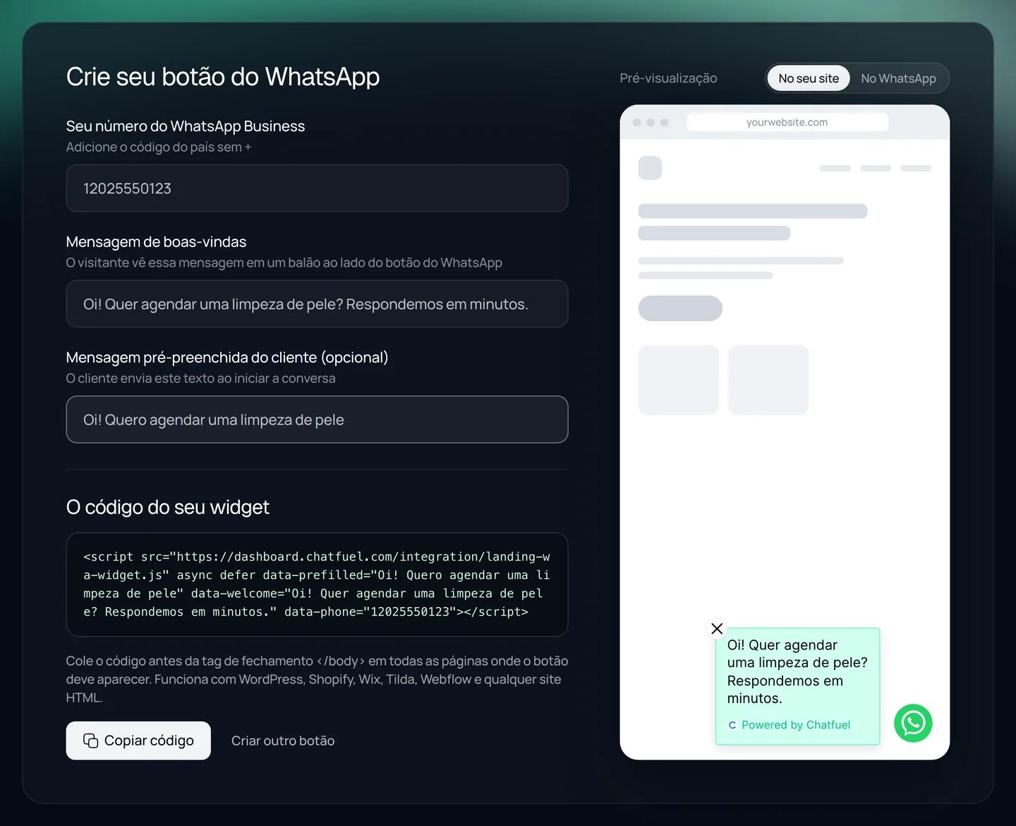 Gerador do widget de WhatsApp da Chatfuel com um número comercial, uma mensagem de boas-vindas e a prévia do botão do WhatsApp em um site