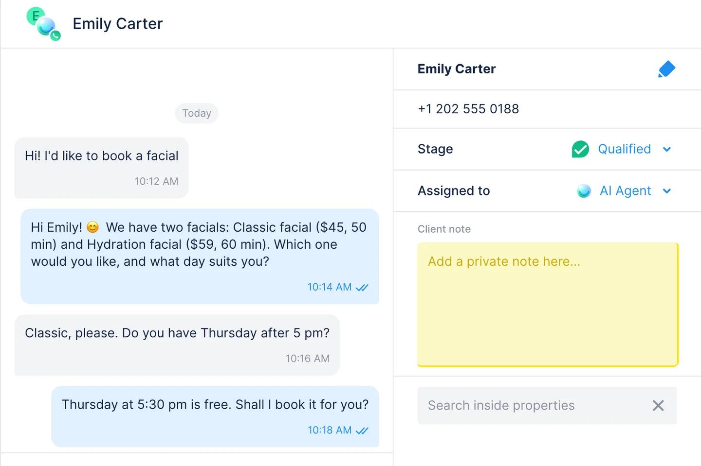 WhatsApp chat in Chatfuel where AI Agent quotes two facial prices and offers a Thursday slot, with the chat assigned to AI Agent