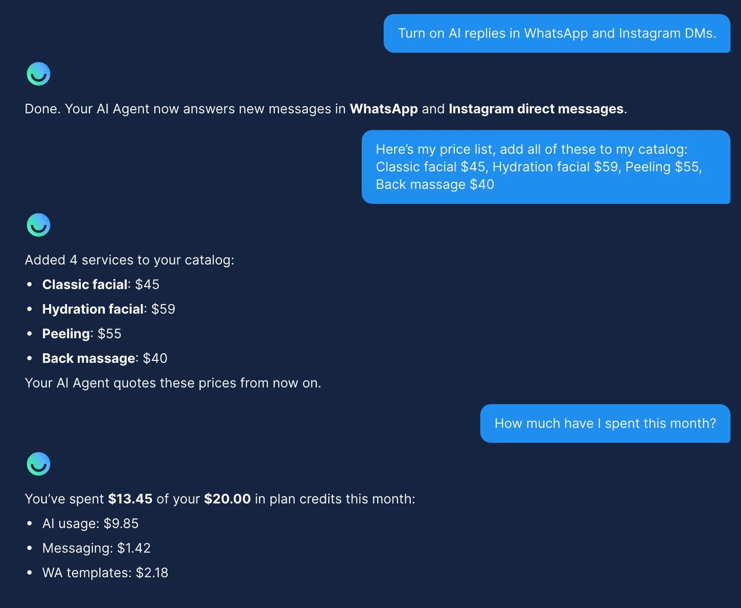 AI Co-pilot chat in Chatfuel turning on AI replies for WhatsApp and Instagram, adding a price list to the catalog and reporting US$13.45 spent this month