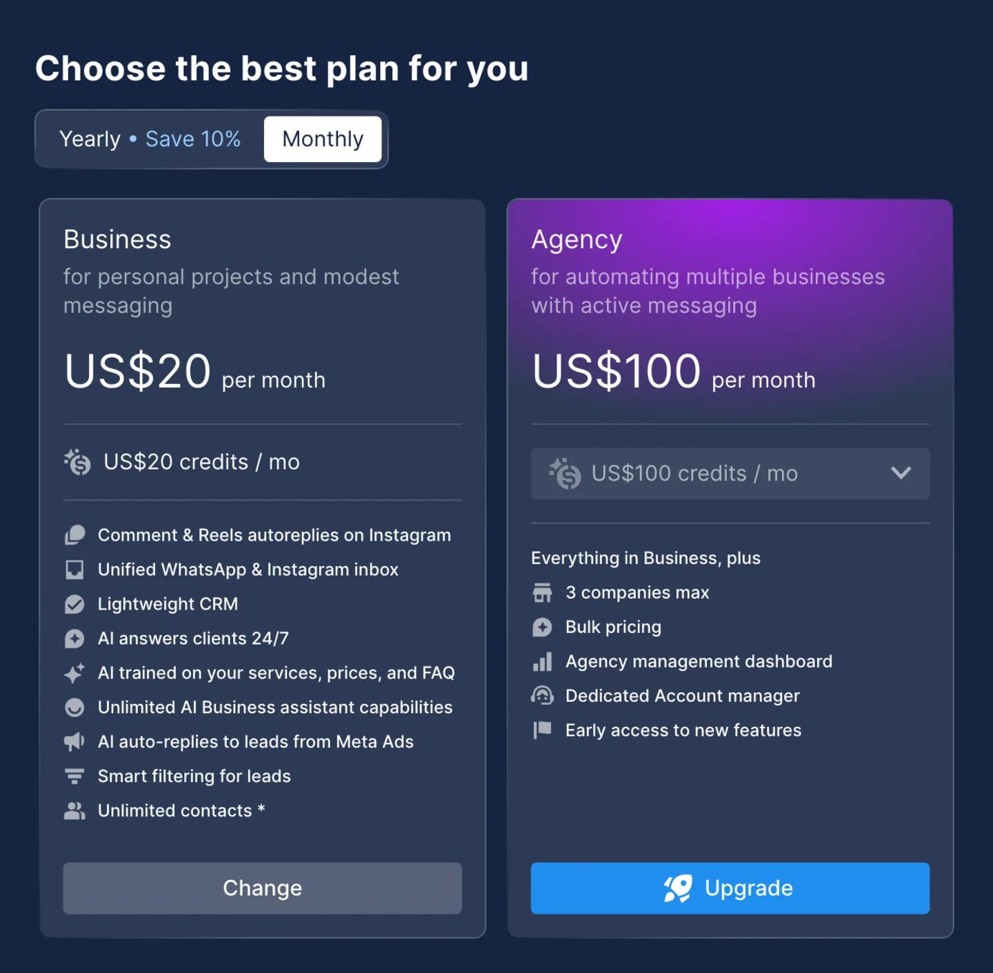 Choose the best plan for you page in Chatfuel: Business at US$20 a month with US$20 credits, Agency at US$100 a month with US$100 credits
