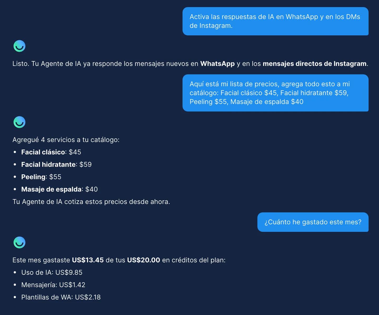 Chat de AI Co-pilot en Chatfuel que activa las respuestas de IA en WhatsApp e Instagram, agrega una lista de precios al catálogo e informa US$13.45 gastados este mes