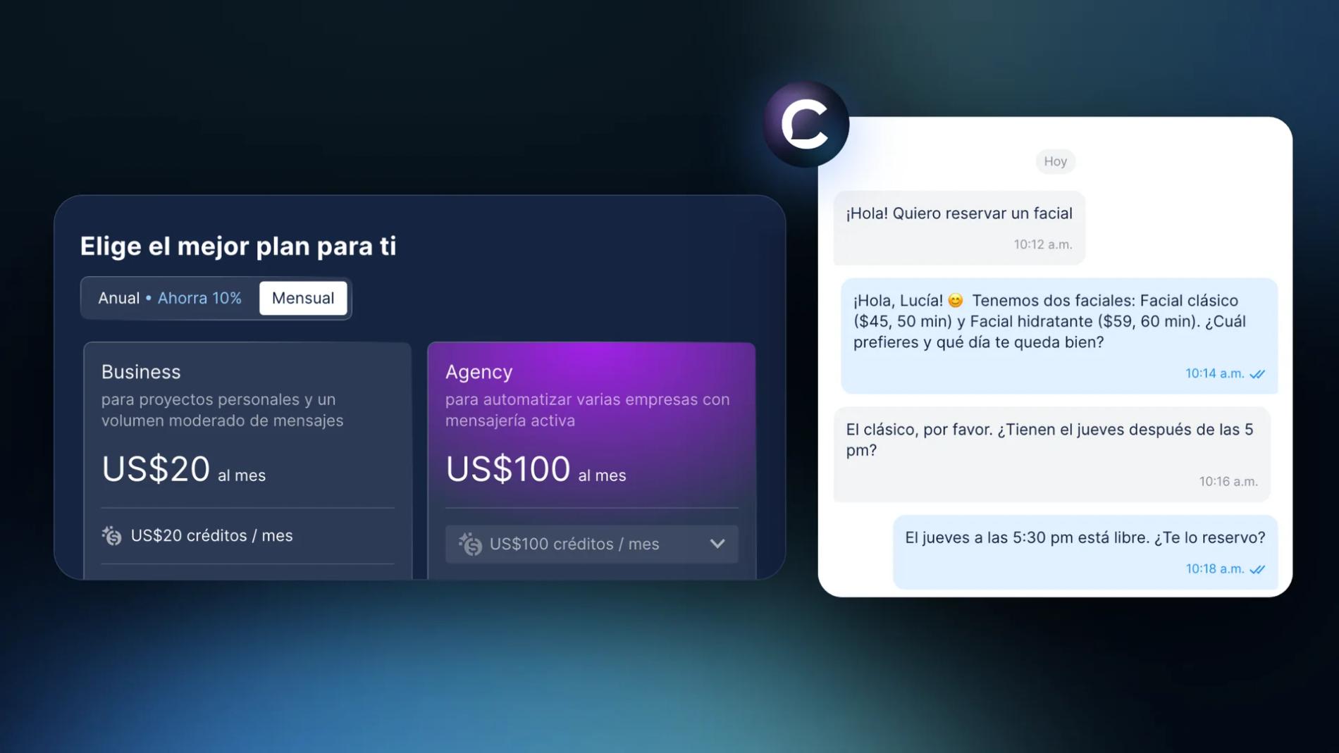 Planes de Chatfuel con Business a US$20 al mes y Agency a US$100, junto a un chat de WhatsApp donde el Agente de IA da los precios de los faciales