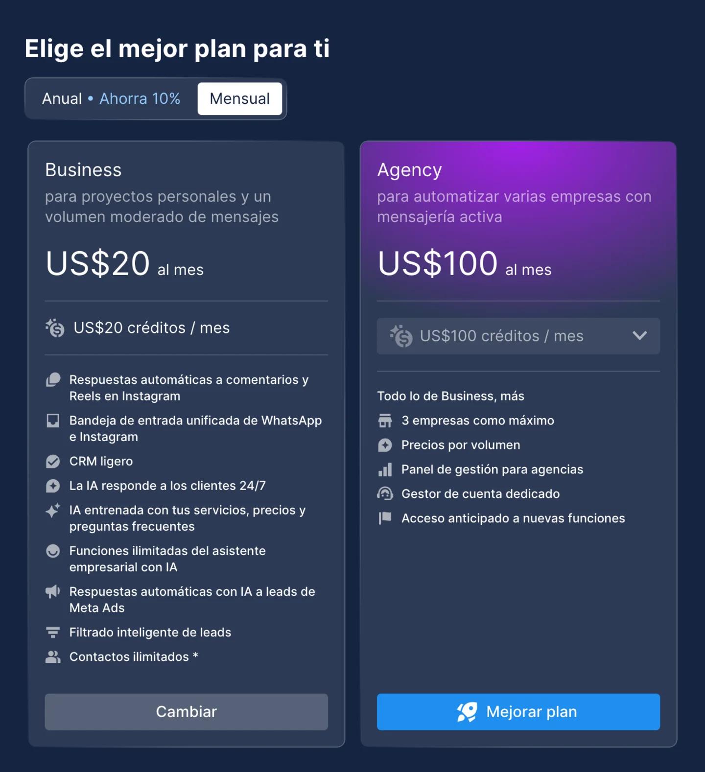 Página Elige el mejor plan para ti en Chatfuel: Business a US$20 al mes con US$20 en créditos, Agency a US$100 al mes con US$100 en créditos