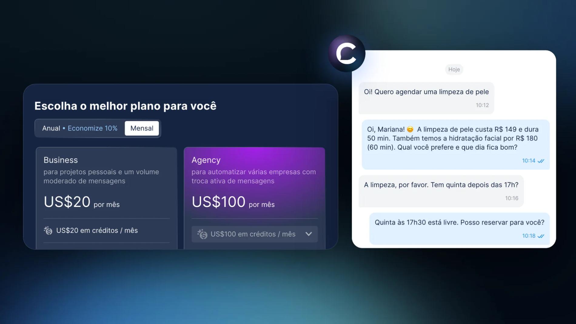 Planos do Chatfuel com Business a US$ 20 por mês e Agency a US$ 100, ao lado de um chat de WhatsApp em que o Agente de IA informa os preços dos tratamentos faciais