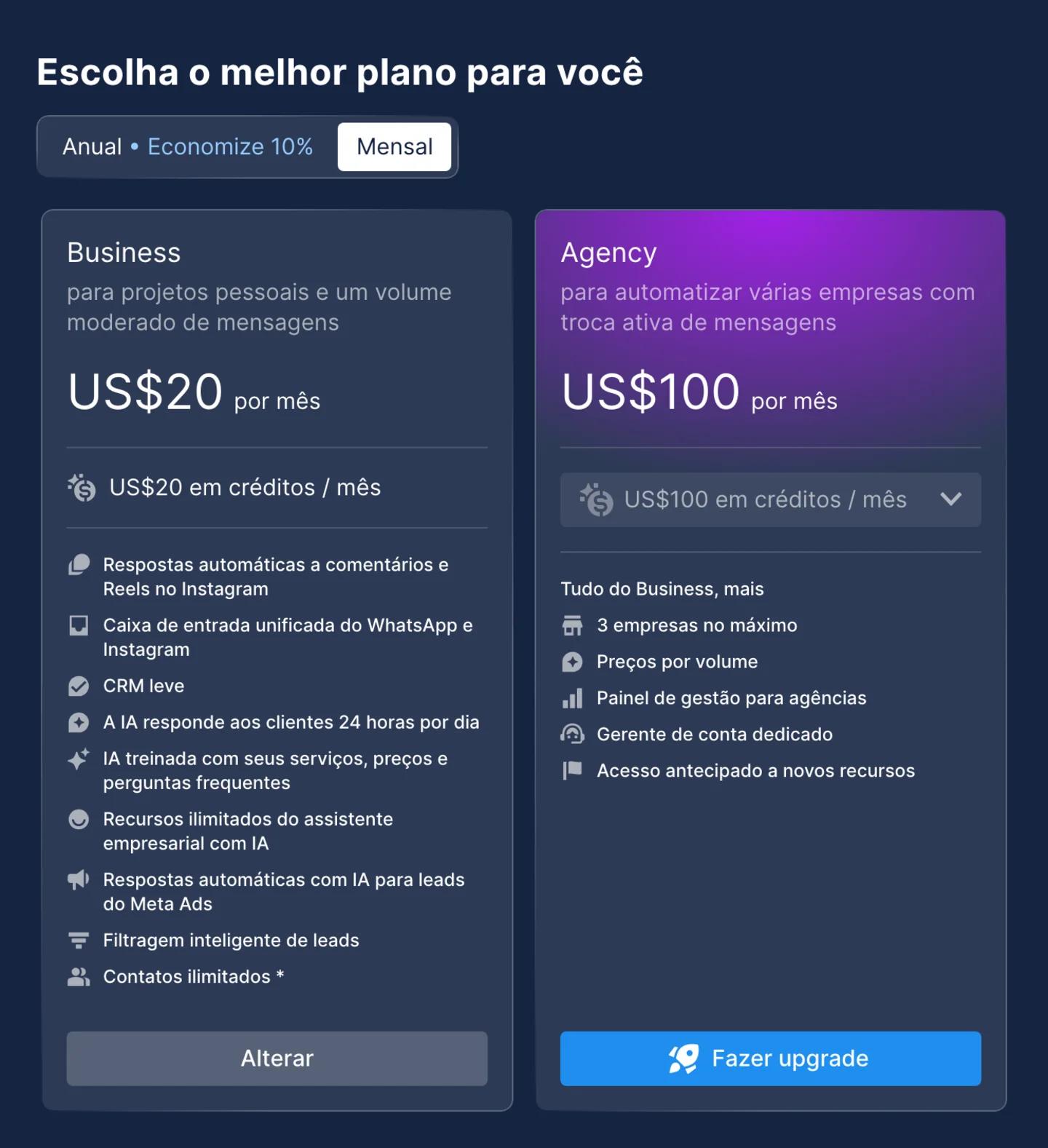 Página Escolha o melhor plano para você no Chatfuel: Business a US$ 20 por mês com US$ 20 em créditos, Agency a US$ 100 por mês com US$ 100 em créditos