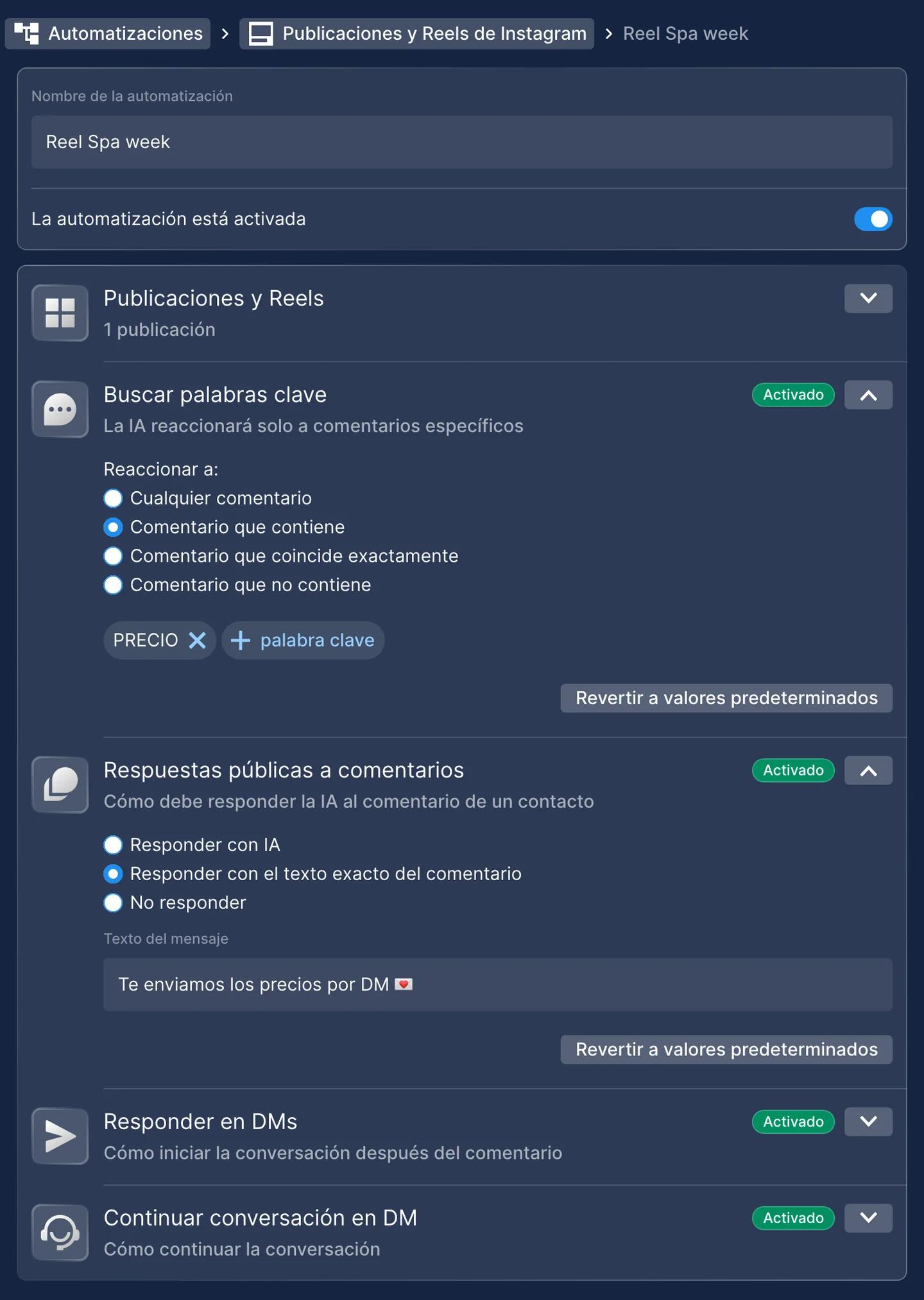 Regla de Publicaciones y Reels en Chatfuel: un Reel elegido, los comentarios que contienen PRECIO reciben una respuesta pública y un DM