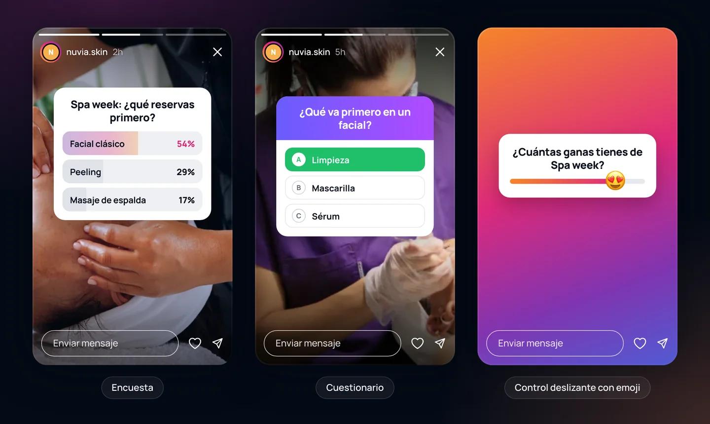 Tres historias de Instagram de un salón de belleza: un sticker de encuesta con porcentajes, un cuestionario con la respuesta correcta marcada y un control deslizante con emoji