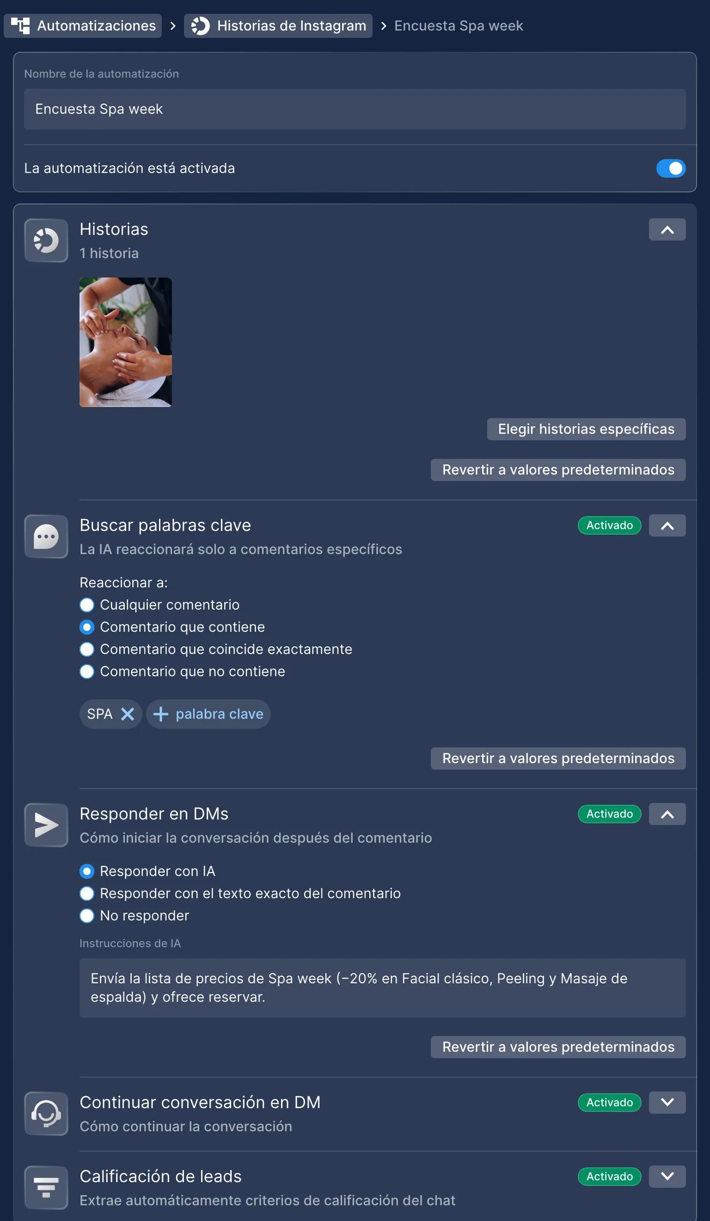Automatización de Historias de Instagram en Chatfuel con una regla para una historia: la palabra clave SPA, una respuesta por DM escrita con IA y Calificación de leads