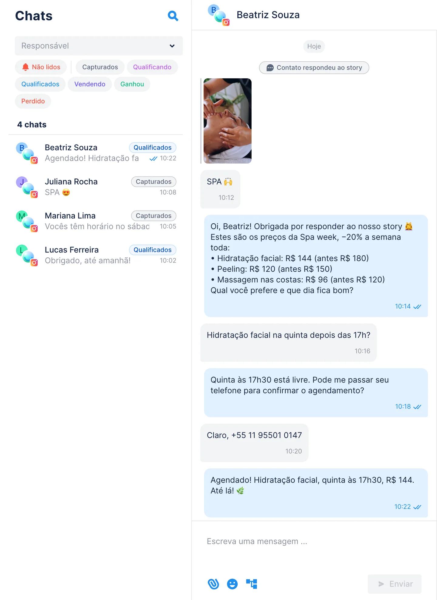 Conversa do Instagram nos Chats do Chatfuel que começa com uma resposta ao story da enquete e continua com o Agente de IA enviando os preços da Spa week