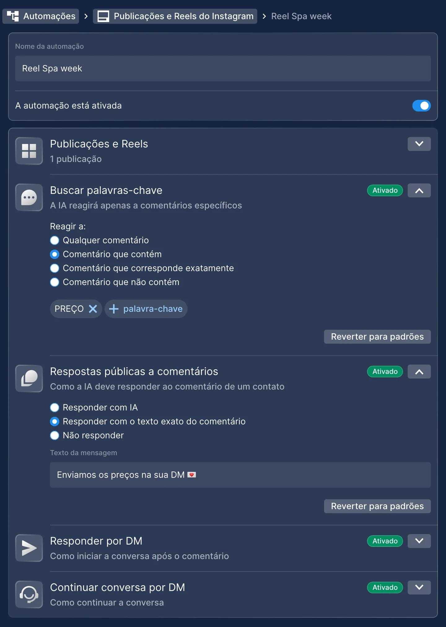 Regra de Publicações e Reels no Chatfuel: um Reel escolhido, comentários que contêm PREÇO recebem uma resposta pública e uma DM