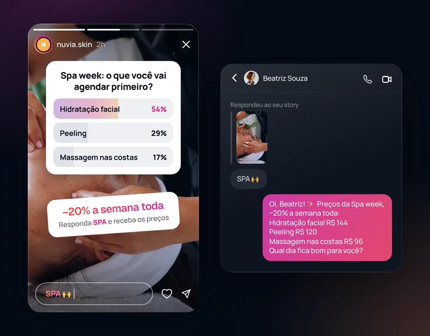 Story do Instagram com uma enquete da Spa week e uma figurinha que diz Responda SPA e receba os preços, ao lado da DM em que o salão responde com os preços da Spa week