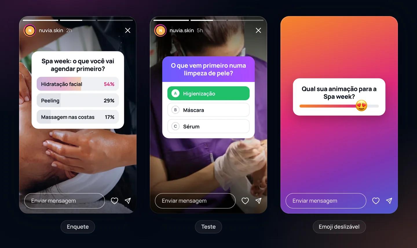 Três stories do Instagram de um salão de beleza: uma figurinha de enquete com porcentagens, um teste com a resposta certa marcada e um emoji deslizável