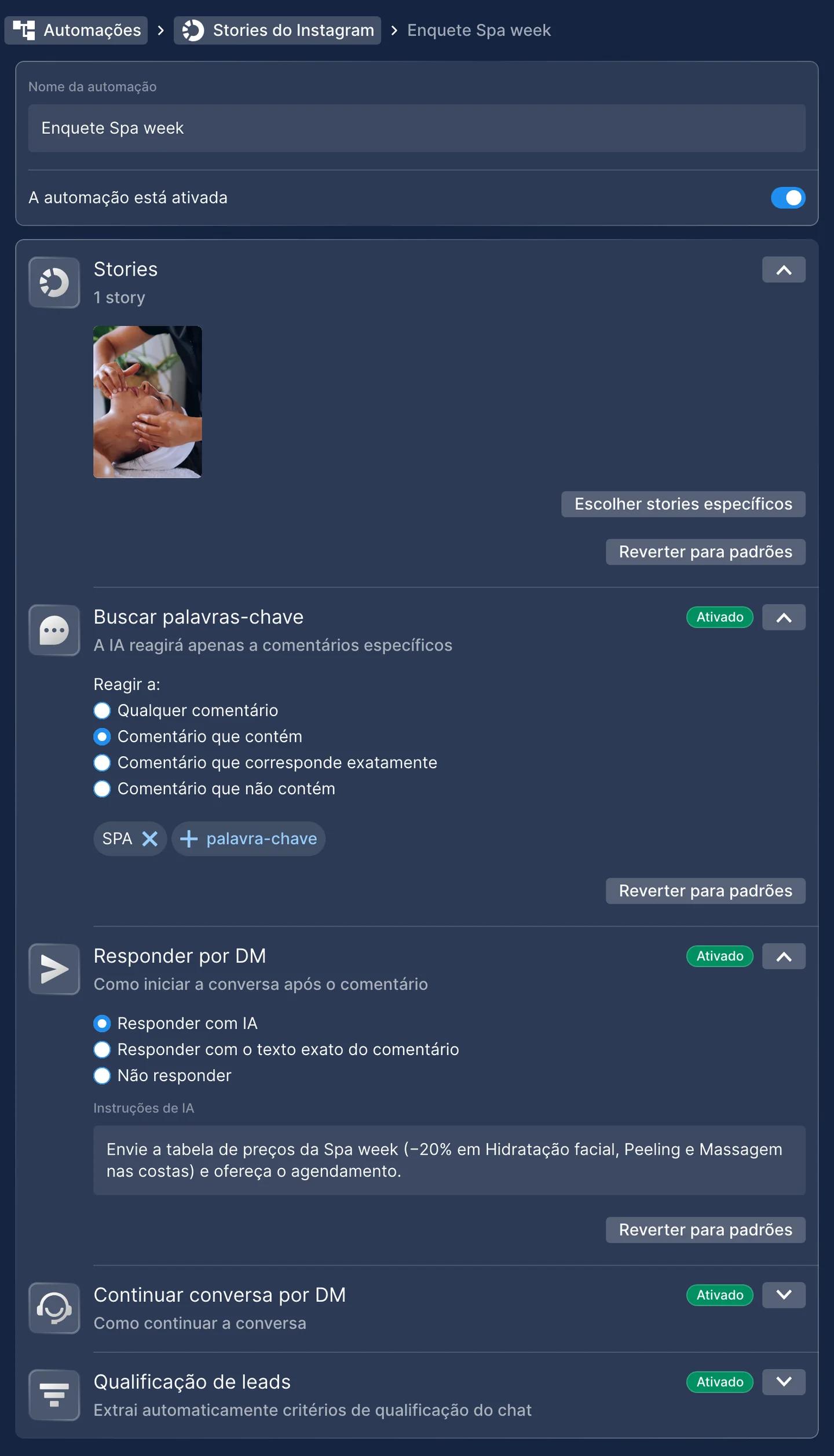 Automação de Stories do Instagram no Chatfuel com uma regra para um story: a palavra-chave SPA, uma resposta por DM escrita com IA e Qualificação de leads