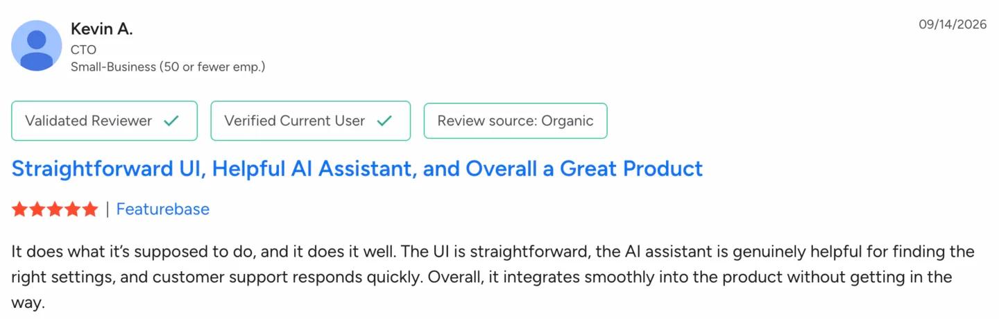 Five-star G2 review of Featurebase from a small-business CTO