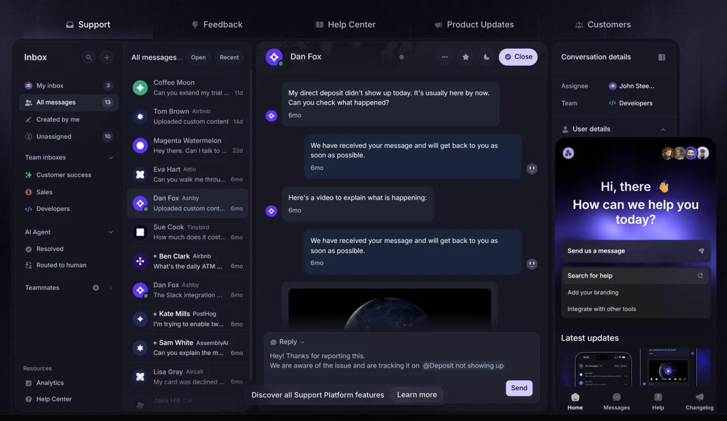 Featurebase support inbox with a conversation, assignee details and the help widget