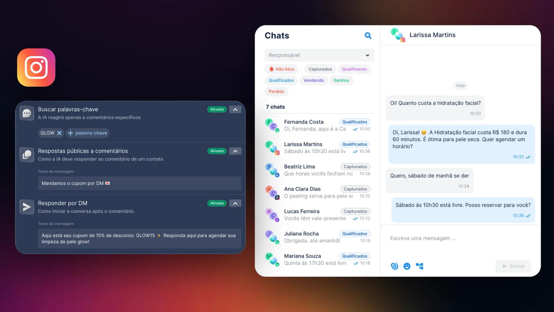 Regra do Instagram no Chatfuel em que os comentários com a palavra-chave GLOW recebem uma resposta pública e uma DM com um cupom de desconto, ao lado da caixa de entrada Chats com uma DM do Instagram e conversas do WhatsApp, Messenger, TikTok e chat do site