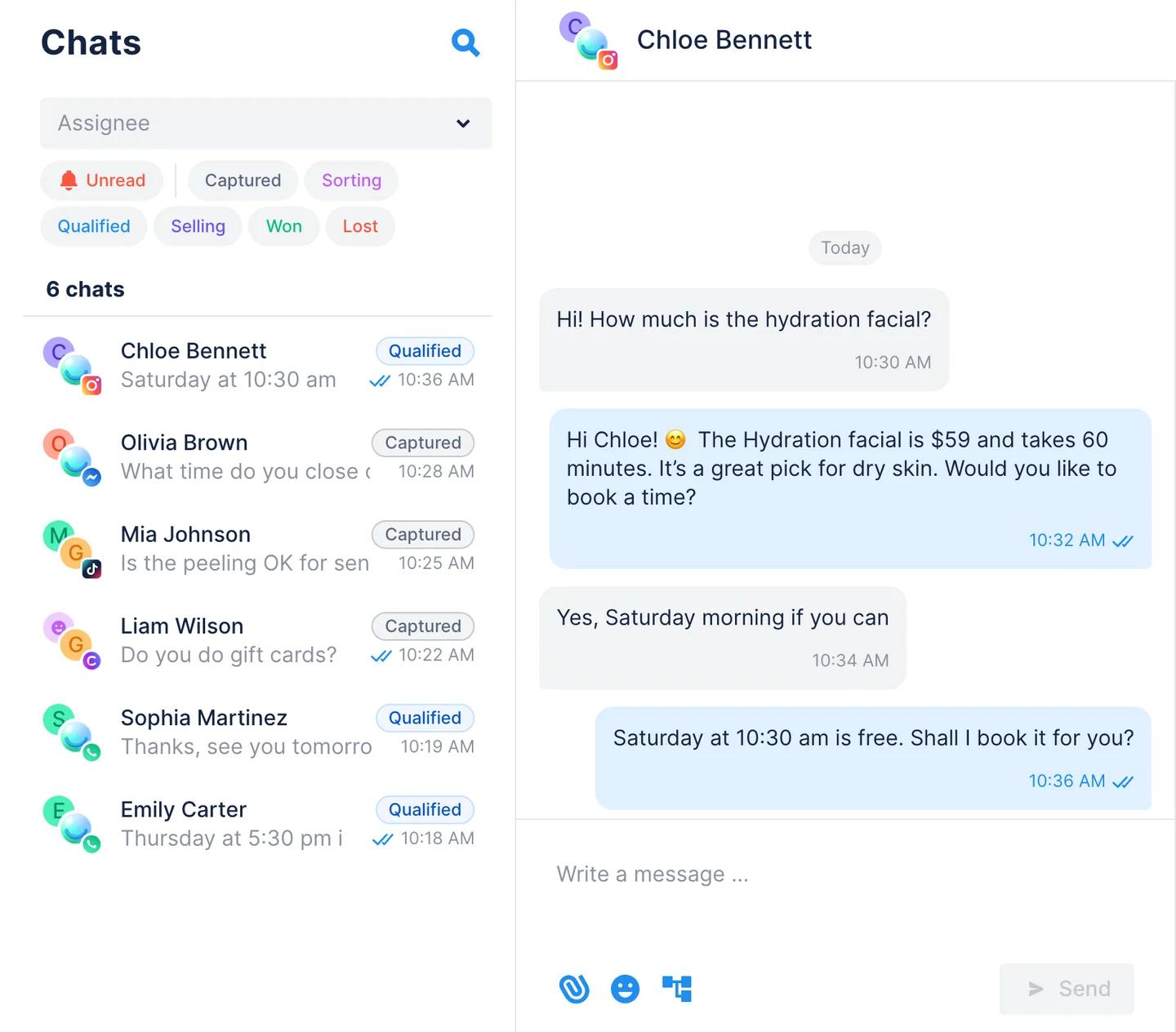 Chatfuel Chats with conversations from Instagram, Messenger, TikTok, website chat and WhatsApp in one list, each with its channel icon; an Instagram DM is open where the AI Agent quotes a price and offers a Saturday slot