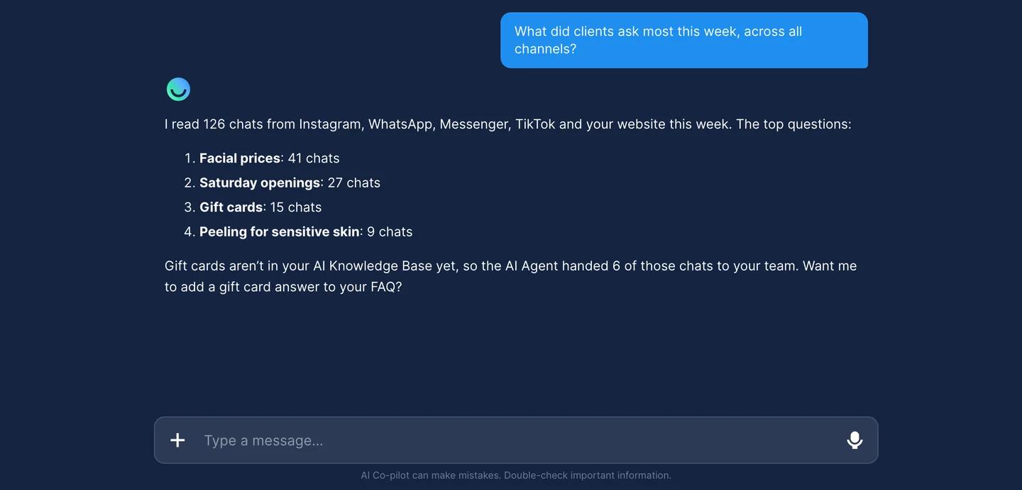 AI Co-pilot chat: asked what clients asked most this week across all channels, it lists the top four questions from 126 chats and offers to add a gift card answer to the FAQ