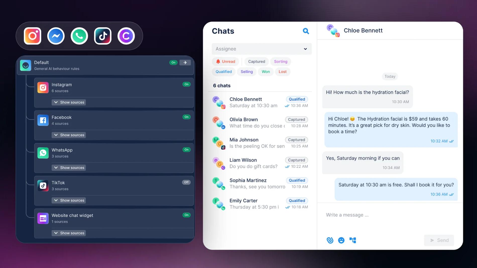 Chatfuel Automations with Instagram, Facebook, WhatsApp, TikTok and website chat under one Default AI setup, next to the Chats inbox where conversations from all five channels sit in one list